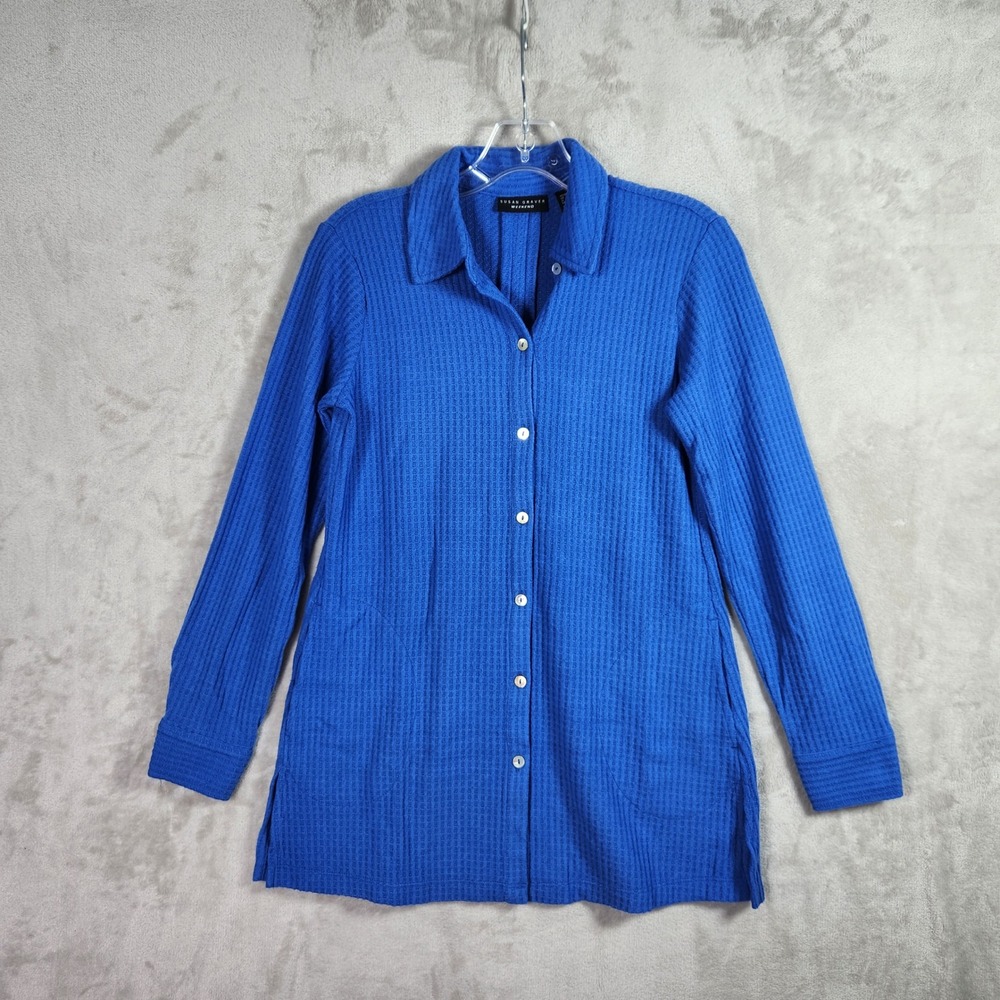 Susan Graver Button Up Shirt Womens XXS Petite Blue Water Brushed Waffle A610406